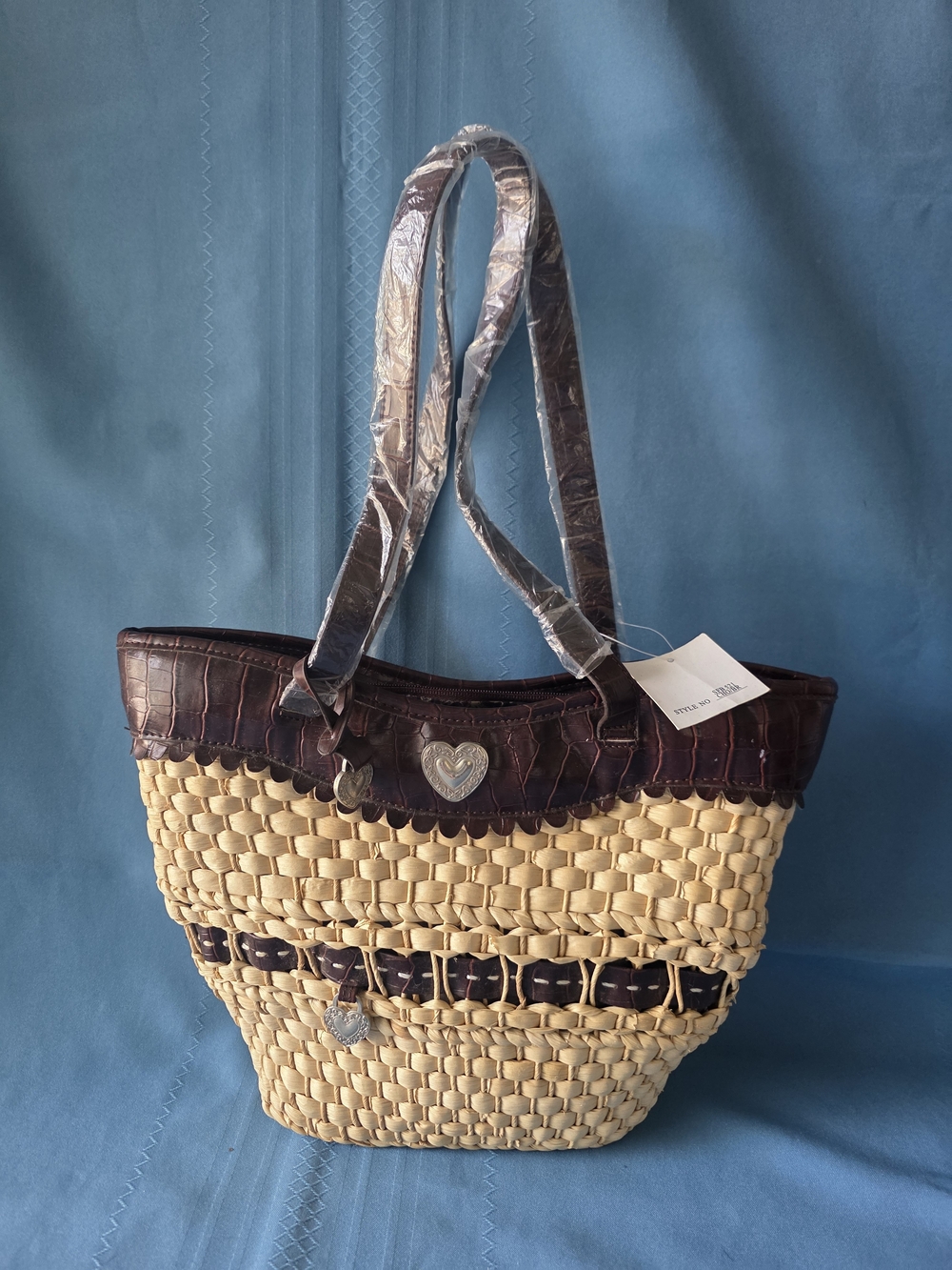 NWT Vintage Brighton Straw Tote Bag Chocolate Croco Leather Hearts NEW